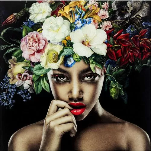 Γυάλινος Πίνακας Σαγηνευτική Γυναίκα Με Λουλούδια Πολύχρωμος 120x120 εκ.